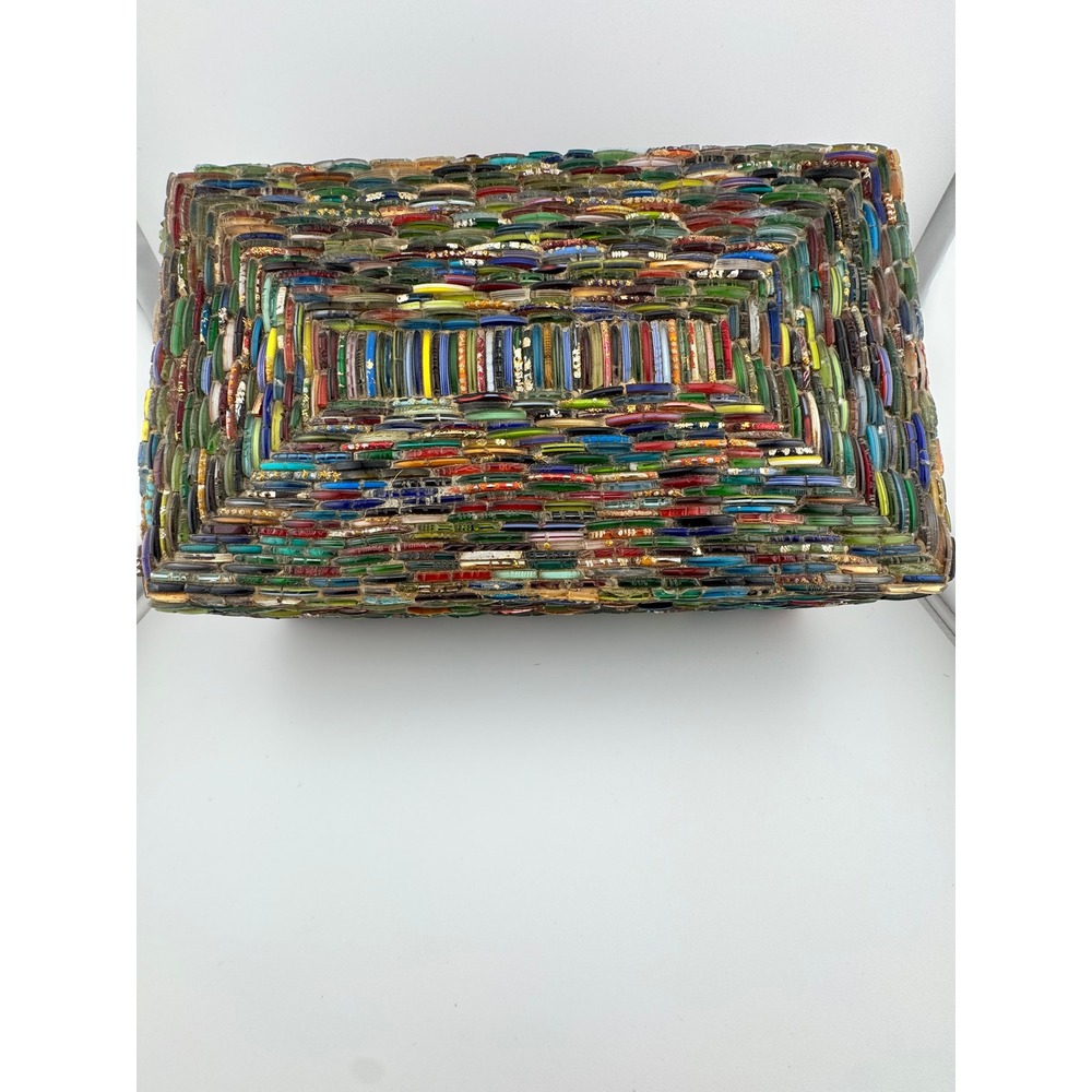 Vintage 1980s Indian Glass Mosaic Box Inlaid Multi Color Jewelry Keepsake India